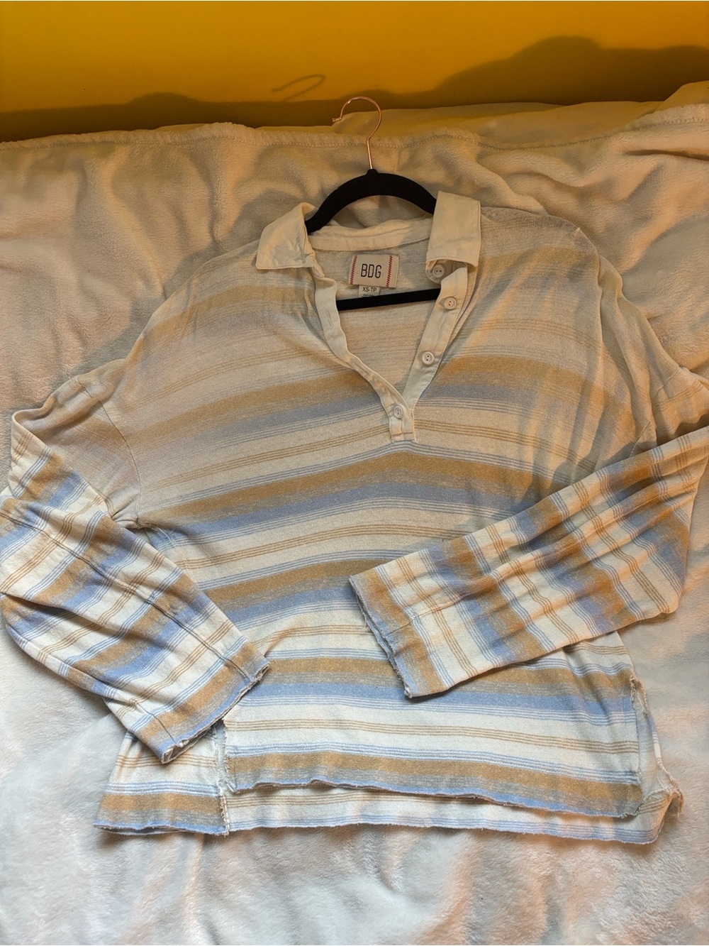 BDG Striped Oversized Long-Sleeve Polo in Beige and Light Blue
